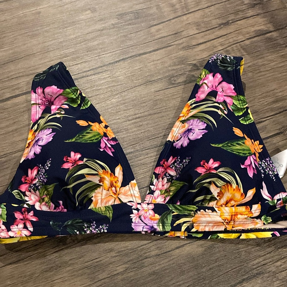 Kona Sol Womens Bikini top Size L 12-14 Tropical Navy Blue Floral